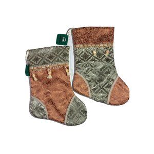 Set 2 Satin Brocade Christmas Stockings Mint Green Peach Tassels 13"